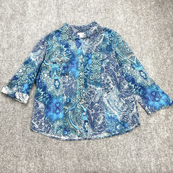 Chico's Tops - Chicos Top Sz 3 Womens Size XL Button Front Roll Tab Sleeve Blue Floral Pockets